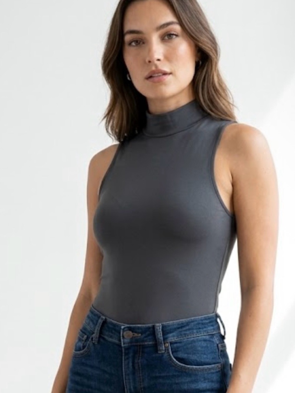 Sleeveless Mock Neck Tank Top in Charcoal